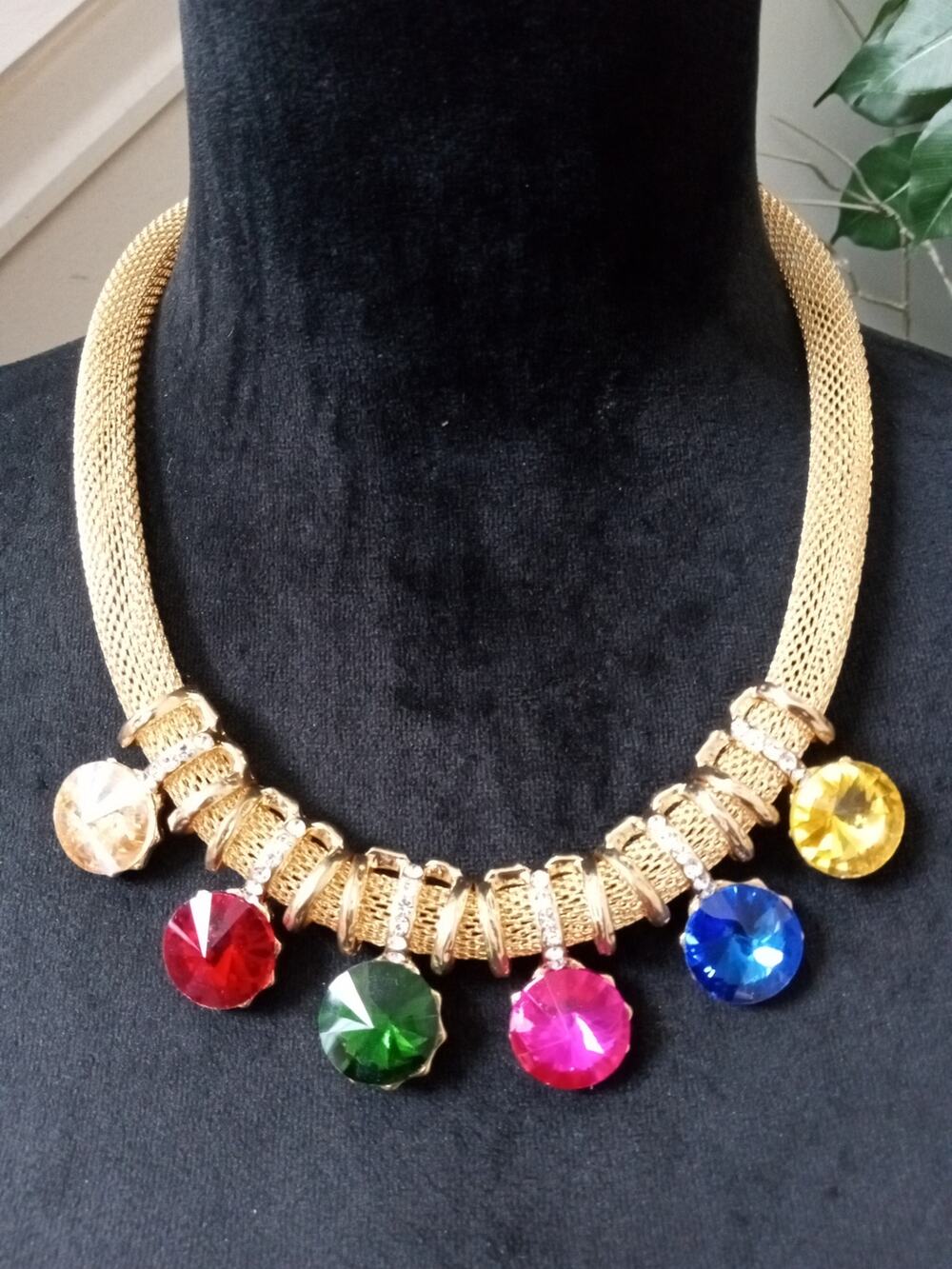 Gold Tone Mesh Collar Necklace Colorful Faceted Crystal Charm Statement Jewelry
